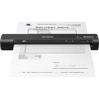 Black Epson WorkForce ES-60W portable scanner with paper feeding through, compact design, and control buttons on top.