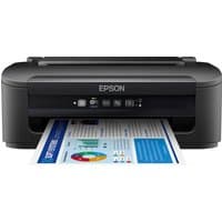 Black Epson WorkForce WF-2110W inkjet printer with control panel, Wi-Fi, and paper tray, printing a color document.
