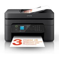 Black Epson WorkForce WF-2930DWF inkjet printer with LCD screen, keypad, and paper tray displaying printed document.