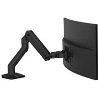 Black Ergotron HX monitor mount with adjustable arm and sleek design, supporting large curved screen.