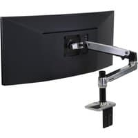 Black Ergotron LX desk mount LCD arm with adjustable silver arm and clamp base, supporting a large monitor.