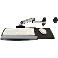 Silver Ergotron LX wall mount keyboard arm with adjustable tray, white keyboard, and black mouse pad.