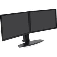 Black Ergotron Neo Flex dual monitor stand with adjustable arms and sleek base for 24.5" screens.