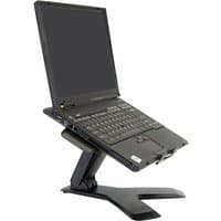 Black Ergotron Neo-Flex™ Notebook Lift Stand with adjustable arm and sturdy base, holding a laptop at an angle.