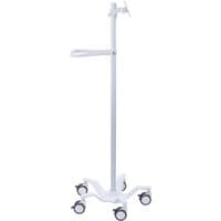White Ergotron StyleView tablet cart with adjustable arm, sturdy base, and five caster wheels for mobility.