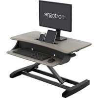 Black and woodgrain Ergotron WorkFit-Z Mini desk riser with monitor, phone, and tablet slots, plus keyboard tray.