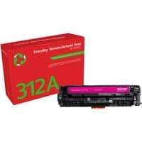 Magenta Xerox toner cartridge for HP 312A, black casing with magenta label, next to red and green branded box.