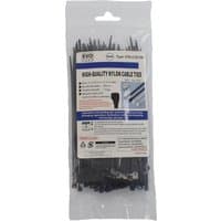 Black Evo Labs cable ties, 2.5x150mm, nylon, 100 pieces in clear plastic packaging with product label.