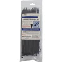 Pack of 100 black Evo Labs 2.5x200mm nylon cable ties in clear plastic packaging with product label.