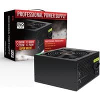 Black Evo Labs BR600-12BL power supply unit, 600W, 20+4 pin ATX, with cooling fan and red packaging box.