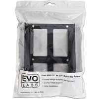 Black Evo Labs HDD mounting bracket in clear packaging, featuring dual SSD 2.5" to 3.5" drive bay adapter.