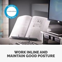 Silver Fellowes Booklift document holder with adjustable plastic arms, holding an open book on a desk.