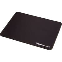 Black Fellowes Breyta mouse pad with smooth surface and rounded edges, featuring a subtle logo in the corner.