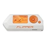 White Flipper Zero device with orange buttons, small screen displaying graphics, and Flipper logo.