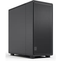 Black Fractal Design computer case with sleek solid panels and vertical front grooves.