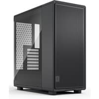 Black Fractal Design computer case with tempered glass side panel and vertical front panel grooves.
