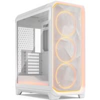 White Fractal Design gaming case with RGB lighting, mesh front, and clear tinted tempered glass side panel.