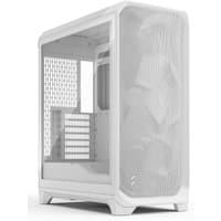 White Fractal Design Meshify 3 gaming case with clear tinted glass panel and geometric mesh front.