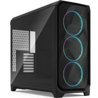 Black Fractal Design Meshify 3 XL case with RGB fans, tinted glass panel, and angular front mesh design.
