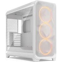 White Fractal Design Meshify 3 XL gaming case with RGB fans, clear tinted glass panel, and mesh front.