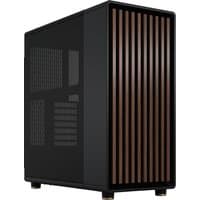 Black Fractal Design North Midi Tower with wood-paneled front and mesh side panel for enhanced airflow.