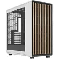 White Fractal Design North XL desktop case with wood front panel and mesh side vent.
