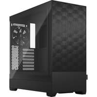Black Fractal Design Pop Air Tower with mesh front panel, transparent side window, and geometric pattern.