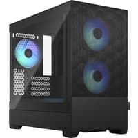 Black Fractal Design Pop Mini Air Mini Tower with mesh front panel, tempered glass side, and dual front RGB fans.