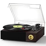 Ebony FYDEE record player with clear lid, gold knob, built-in speakers, and vinyl on turntable.