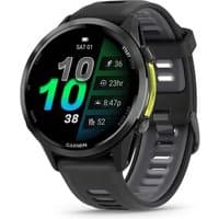 Black Garmin Forerunner 970 smartwatch with 1.4" AMOLED display, colorful digital interface, and black silicone strap.