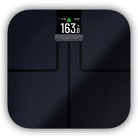 Black Garmin Index S2 smart scale with digital display showing weight, sleek square design, and glossy finish.