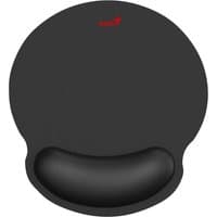 Black ergonomic mouse pad with wrist rest, featuring a red Genius logo on top.