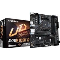 GIGABYTE A520M DS3H V2 motherboard, black with silver accents, AM4 socket, PCIe 3.0 x16, USB 3.2 ports, GbE LAN.