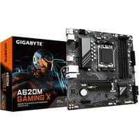GIGABYTE A620M GAMING X Motherboard with black PCB, orange accents, and PCIe 4.0 M.2 slot, next to retail box.