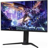 GIGABYTE AORUS FO32U2P 32” OLED monitor, sleek black design, vibrant display, futuristic graphics on screen.