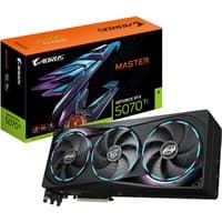 Black GIGABYTE AORUS RTX 5070 Ti graphics card with triple fans and RGB lighting, includes branded packaging.