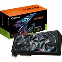 Black GIGABYTE AORUS RTX 5080 graphics card with triple fans and RGB lighting, box in background.