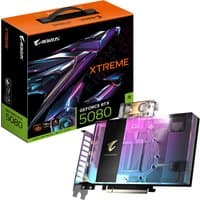 GIGABYTE AORUS RTX 5080 XTREME graphics card with transparent water block and RGB lighting, next to branded box.