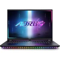 Black GIGABYTE AORUS MASTER 18" gaming laptop with RGB keyboard, sleek design, and vibrant display showing AORUS logo.