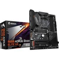 Black GIGABYTE B550 AORUS ELITE V2 motherboard with orange accents, PCIe slots, and heatsinks, next to retail box.