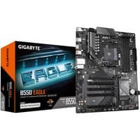 GIGABYTE B550 EAGLE motherboard with black PCB, heatsinks, and orange accents, featuring multiple PCIe slots.