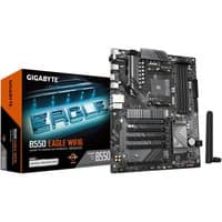 GIGABYTE B550 EAGLE WIFI6 motherboard with black PCB, heatsinks, dual M.2 slots, and WiFi antenna, next to product box.