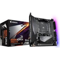GIGABYTE B550I AORUS PRO AX motherboard, black with silver accents, compact design, includes box with branding.