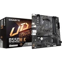 Black Gigabyte B550M K motherboard with PCIe slots, RAM slots, heatsinks, and ports, next to its branded box.