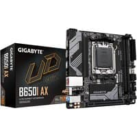 GIGABYTE B650I AX motherboard with black PCB, silver heatsinks, and PCIe 4.0 M.2 slot, supports AMD Ryzen CPUs.