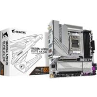 GIGABYTE B650M AORUS ELITE AX ICE motherboard, silver heatsinks, black slots, with packaging box.