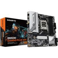 GIGABYTE B650M GAMING PLUS WIFI motherboard with black and silver design, multiple slots, and ports, next to packaging.