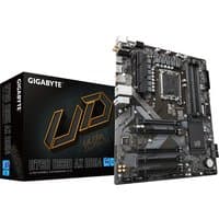 GIGABYTE B760 DS3H AX DDR4 motherboard with black PCB, multiple PCIe slots, and heatsinks, next to branded box.