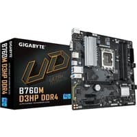 GIGABYTE B760M D3HP DDR4 motherboard with black PCB, silver heatsinks, and PCIe slots, next to branded box.