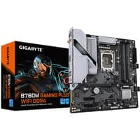GIGABYTE B760M GAMING PLUS WIFI DDR4 motherboard with black PCB, silver heatsinks, and Wi-Fi 6 antenna.